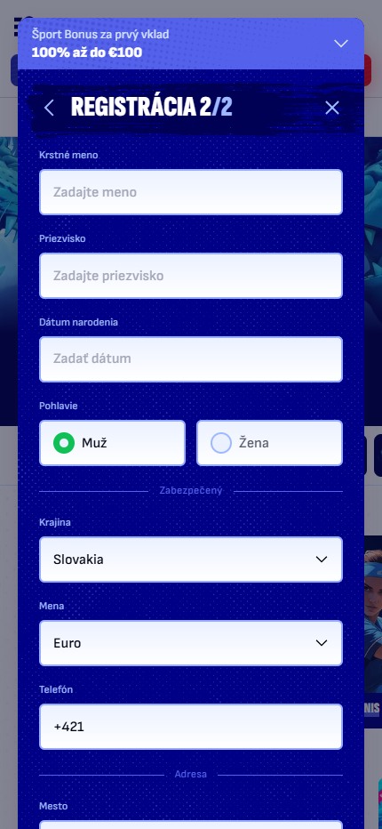 Bankonbet Bookmaker Fill in Registration form Slovakia (mobile screen), stavkovecentrum.co