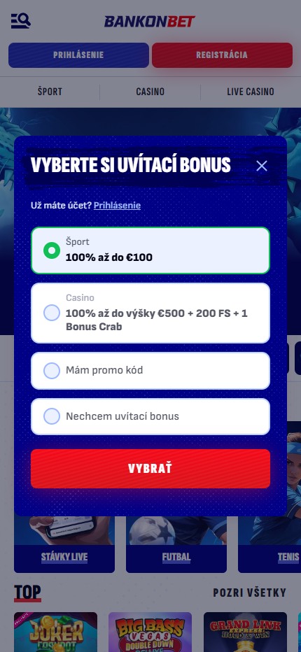 Bankonbet Bookmaker Registration Bonus Slovakia (mobile screen)