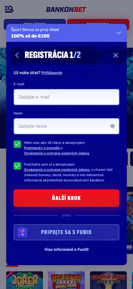 Bankonbet Bookmaker Start Registration Slovakia (mobile screen)