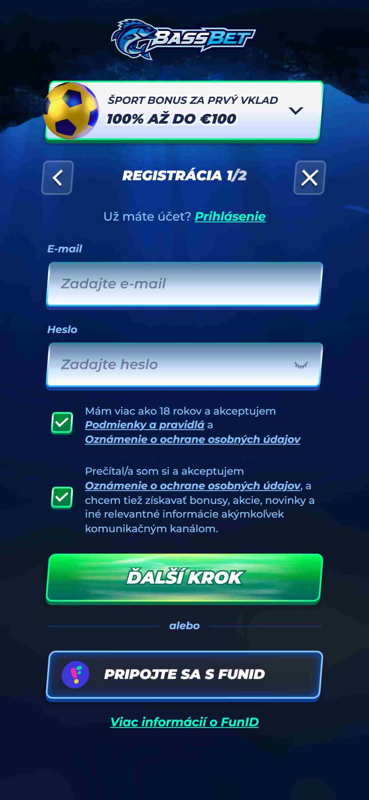 Bassbet Bookmaker - Registration, Slovakia (mobile screen)