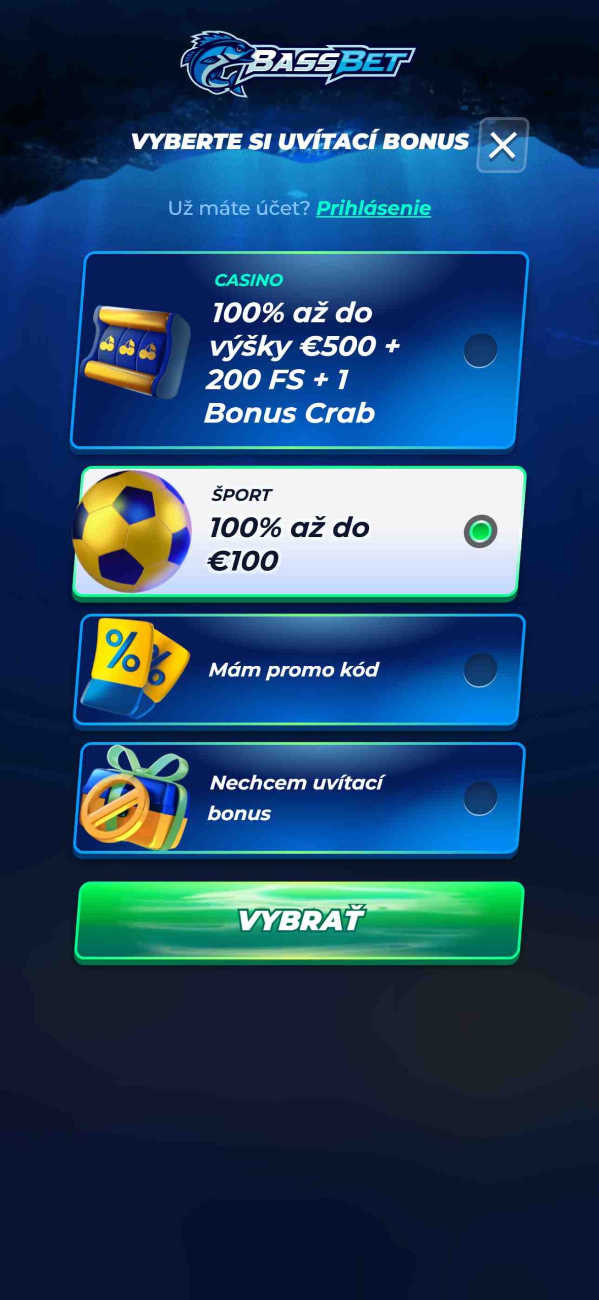 Bassbet Bookmaker Registration Sport Bonus, Slovakia (mobile screen)