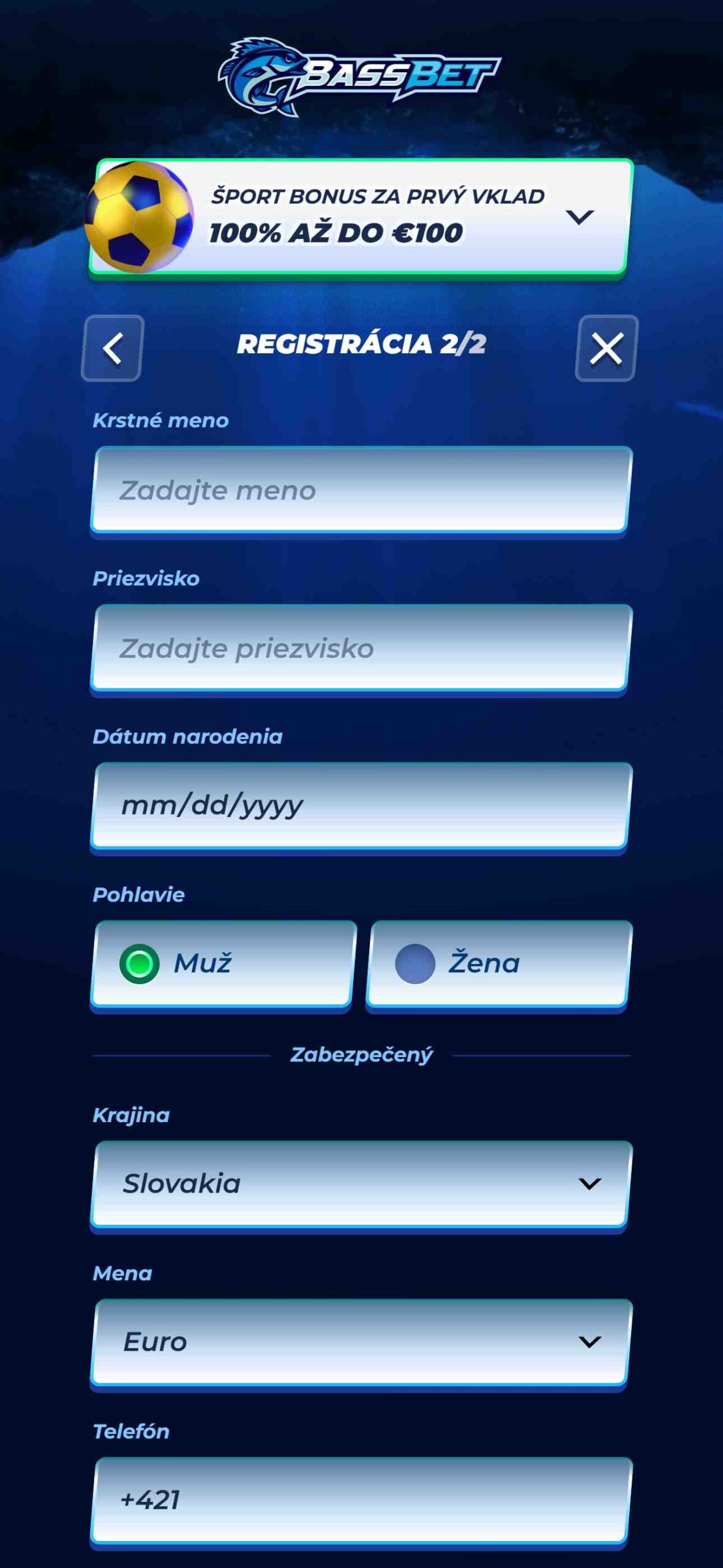 Bassbet Registration - fill in Pnal information (mobile screen)