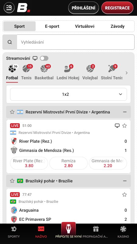 Rozhranie live stávok v Betista