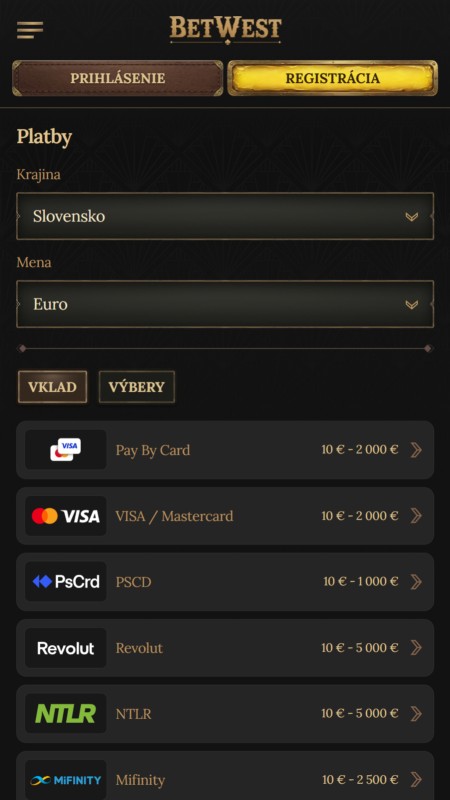 Betwest payment methods