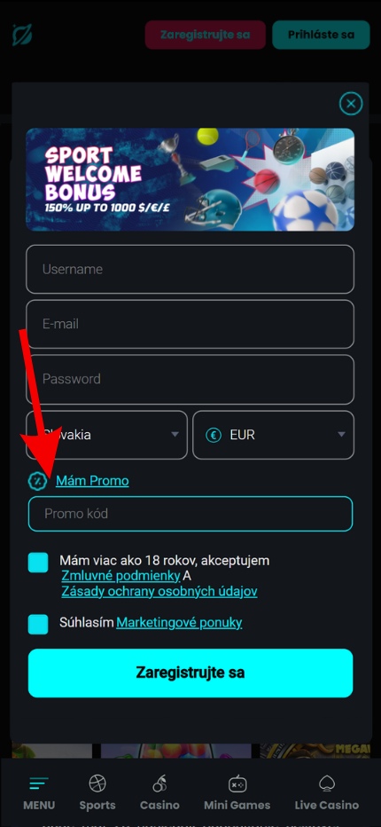 Cosmobet Registration - promo code Slovakia (phone screen)