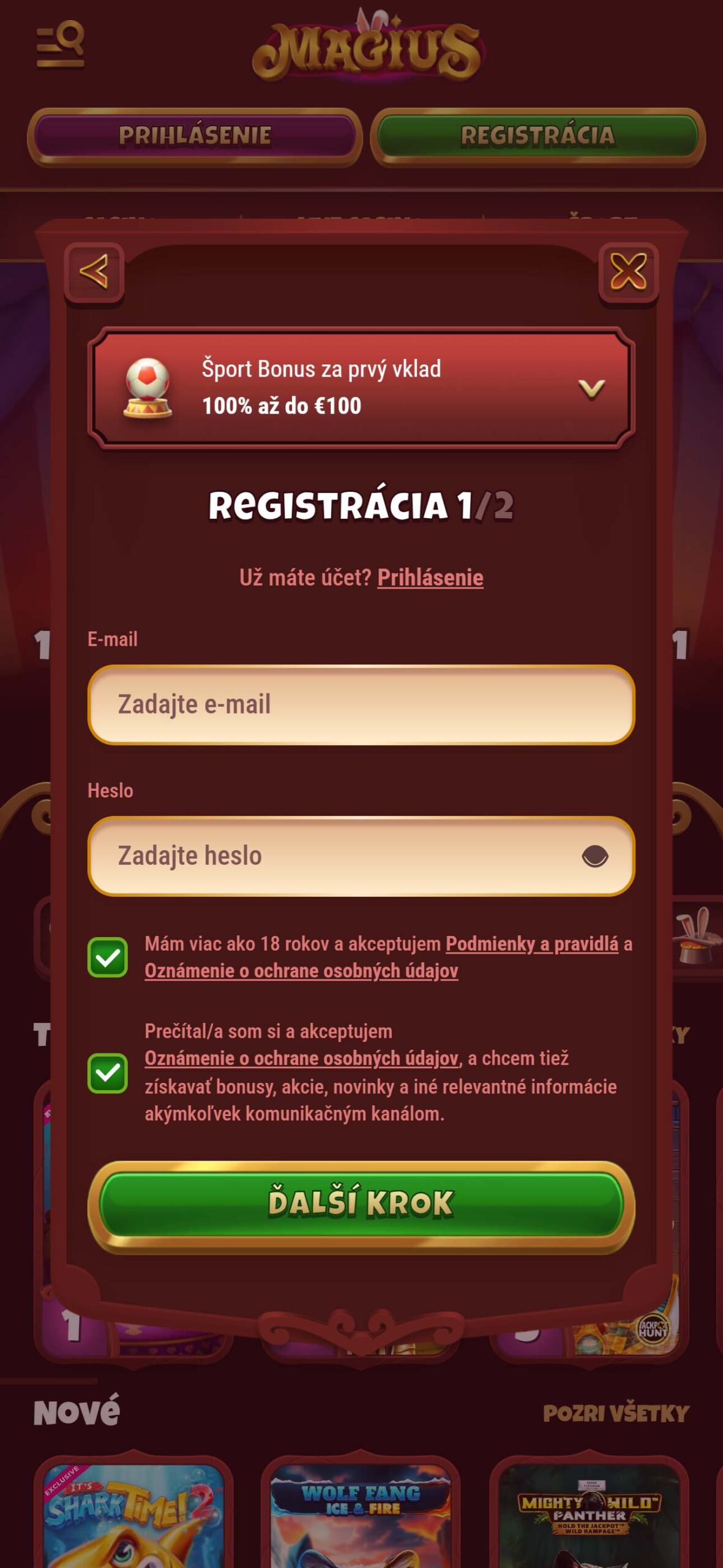 Magius Bookmaker Start Registration Slovakia (mobile)