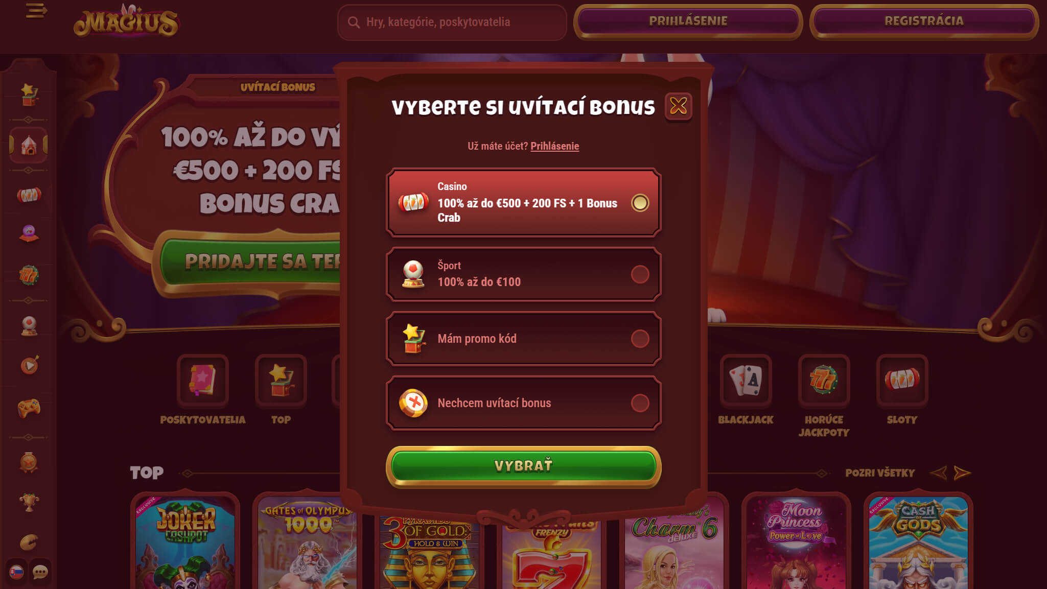 Vyberte si svoj registračný bonus