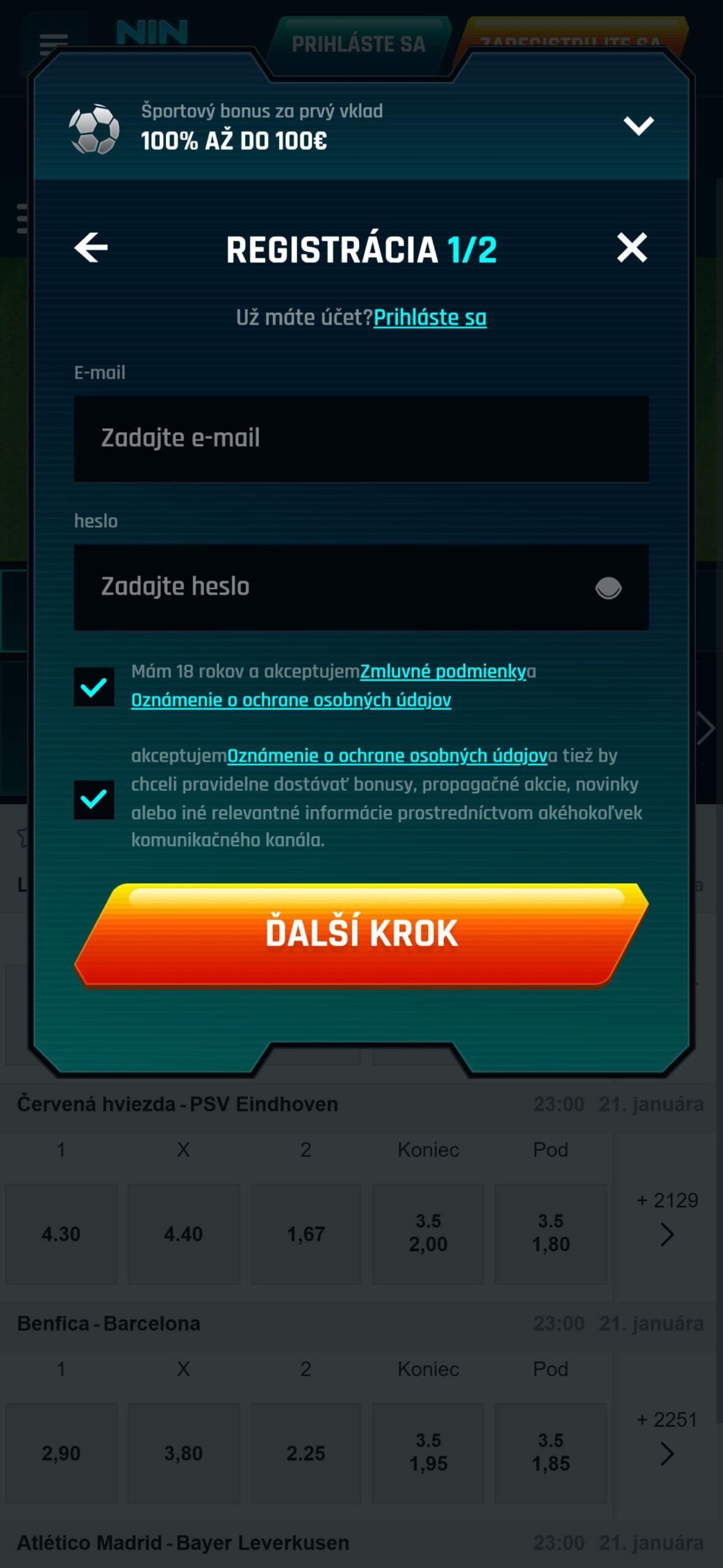 Ninlay Bookmaker Registration Step 1-Slovensko(mobile)