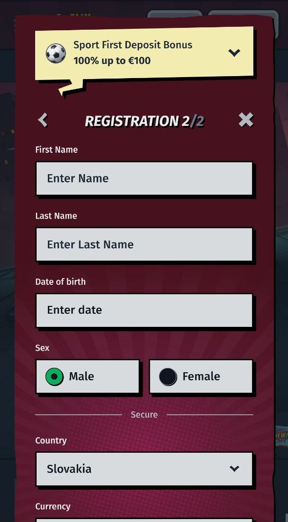 Registrácia AllySpin Následne informácie