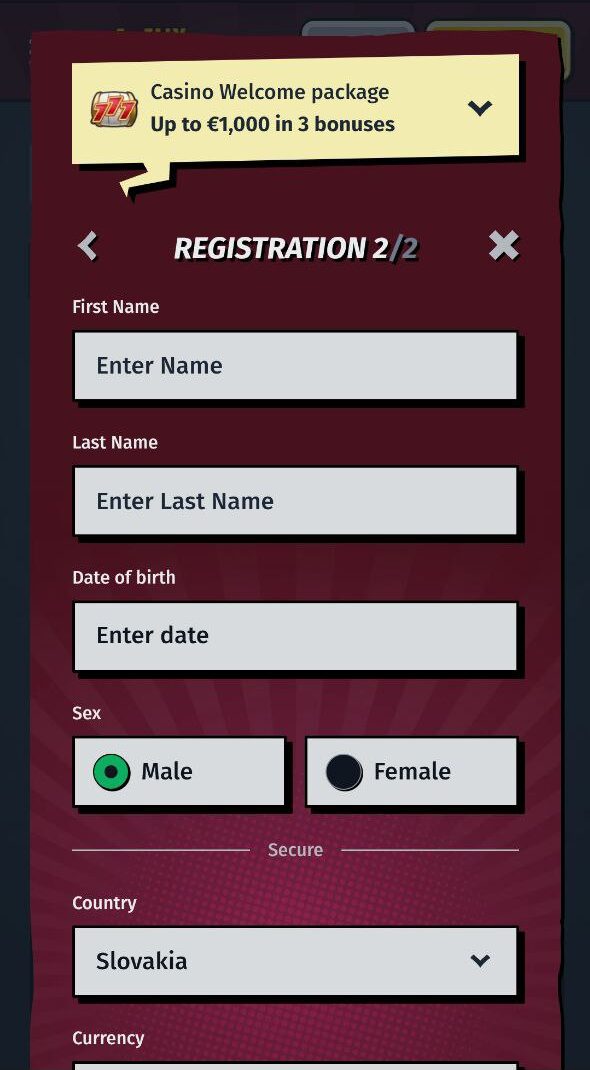 Registrácia AllySpin Vyplňte základné údaje o svojej osobe