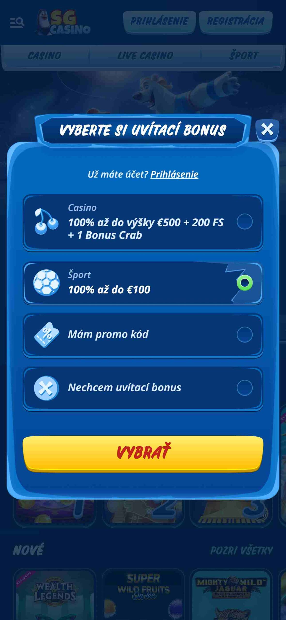 SGCasino Registration Sport Bonus (phone screen)