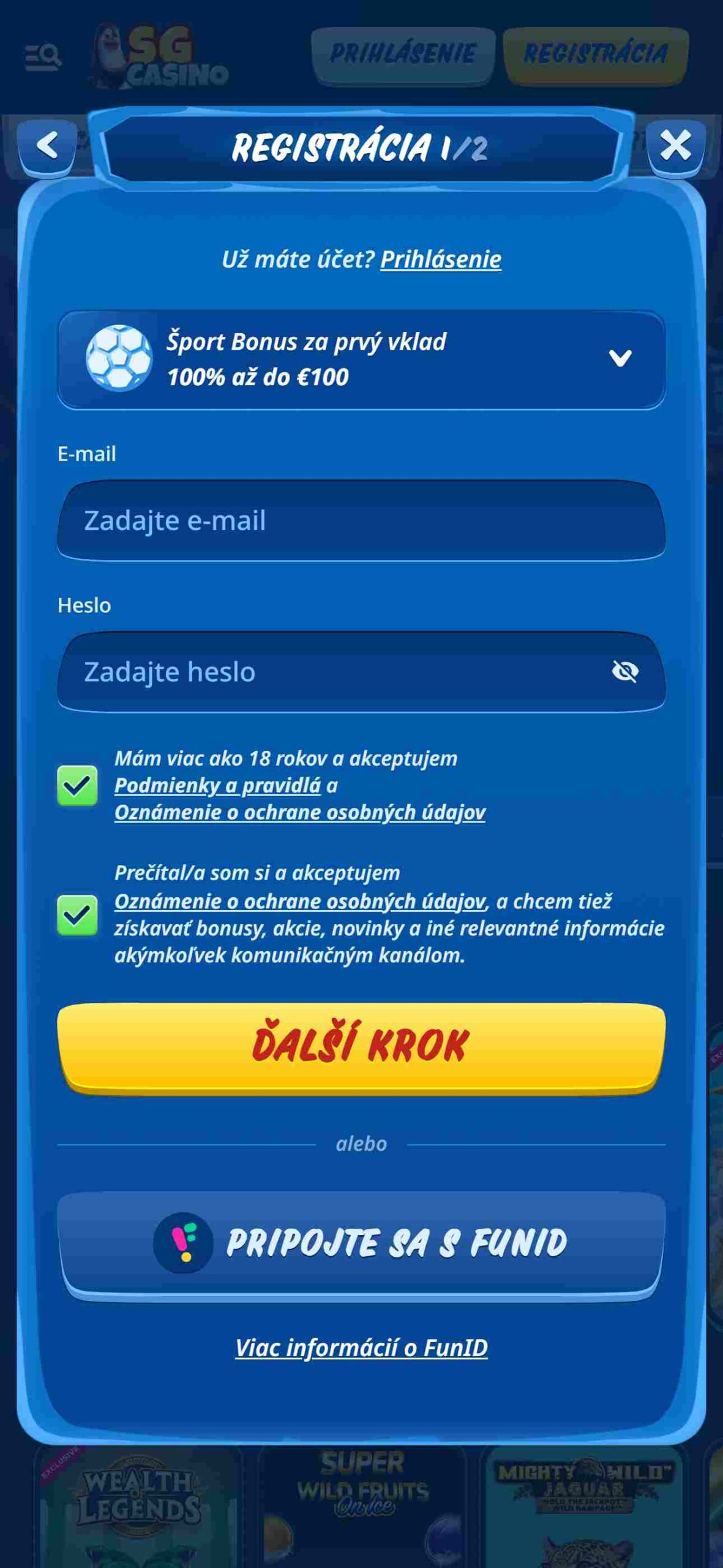 SGCasino Star Registration (phone screen)