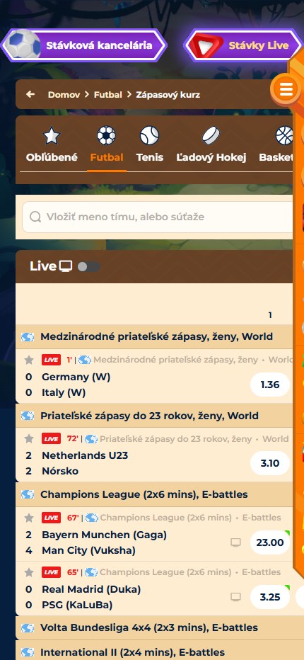 Wazamba Bookmaker Live Sport Betting Slovakia (Mobile screen)