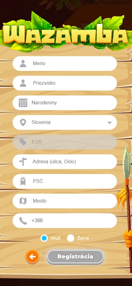 Wazamba Fill in Personal information Slovakia (Mobile screen)
