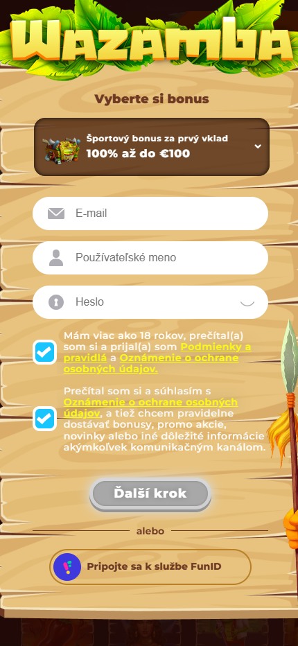 Wazamba Start Registration Slovakia (Mobile screen)