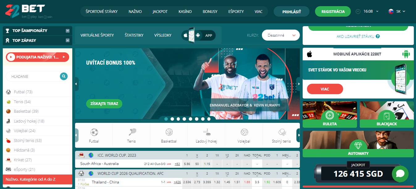 22Bet Casino mane page