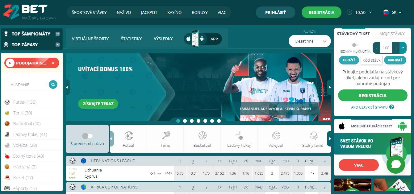 22Bet Sport Betting in Slovakia, stavkovecentrum.com