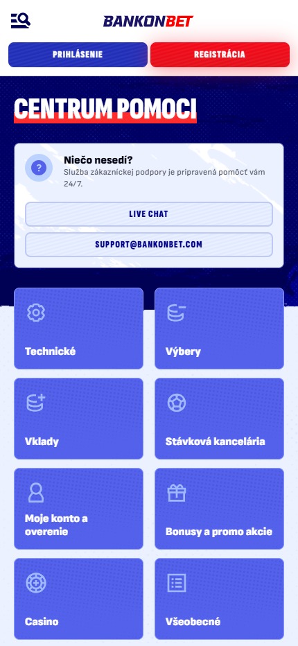 Bankonbet help centre Slovakia (mobile screen), stavkovecentrum.com