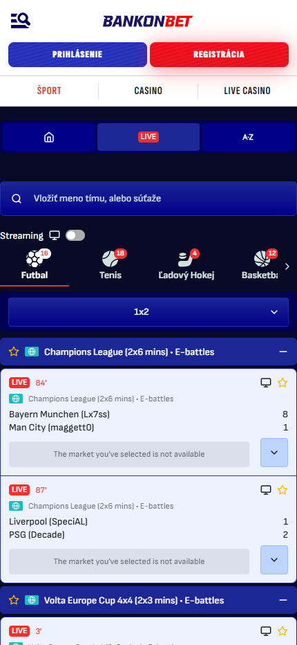 Bankonbet Live Sport Betting Slovakia (mobile screen), stavkovecentrum.com