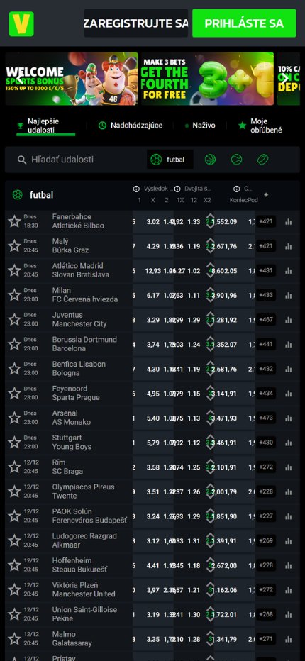 Velobet Bookie Sport Betting Czech (mobile screen), stavkovecentrum.com