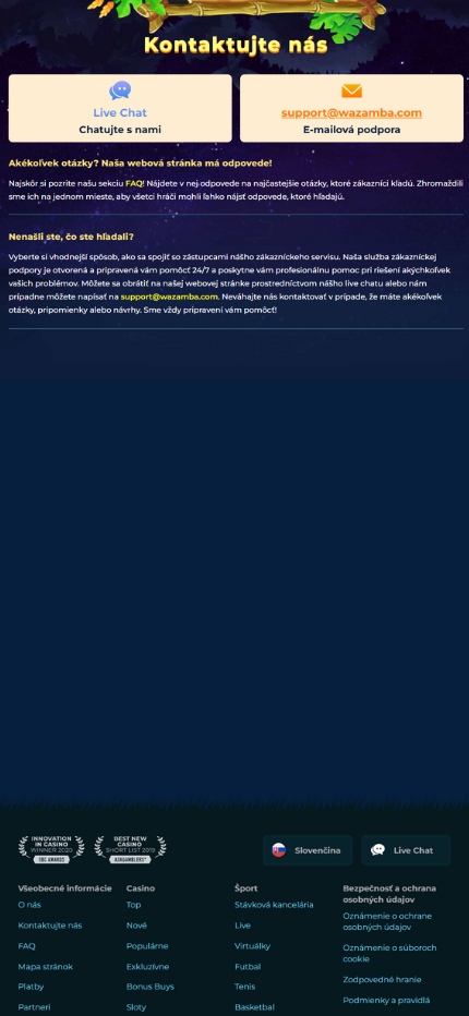 Wazamba Customer Support Slovakia (Mobile screen), stavnice.tv