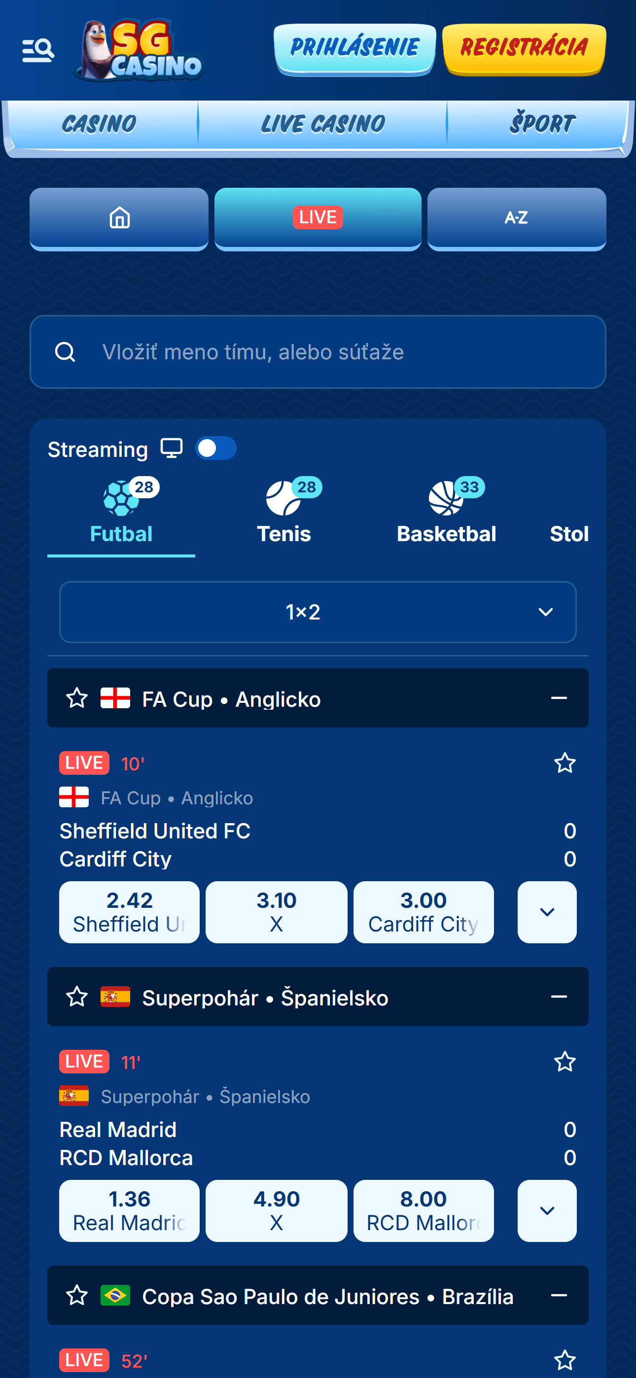 SGCasino Live Sport Betting (phone screen)