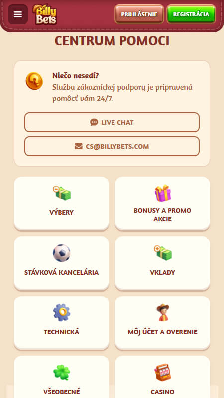 BillyBets technical support page Slovakia