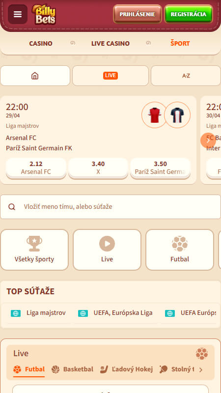 BillyBets Bookmaker sports betting Slovakia