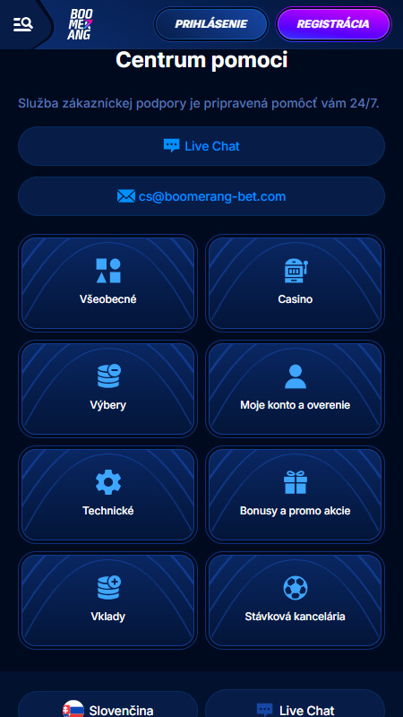 Boomerang Bet technical support page Slovakia