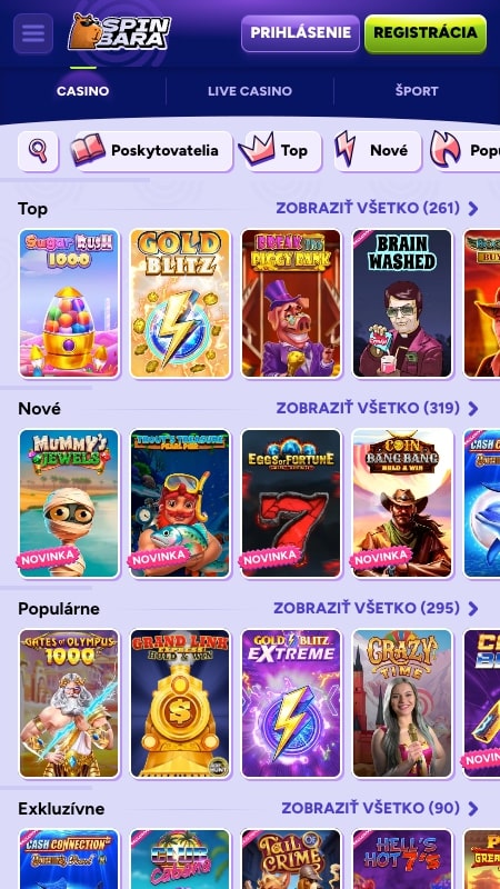 Rozhranie online kasína v Spinbara