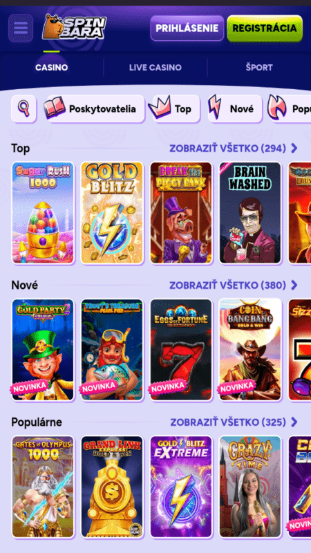 Kasínová sekcia v Spinbare