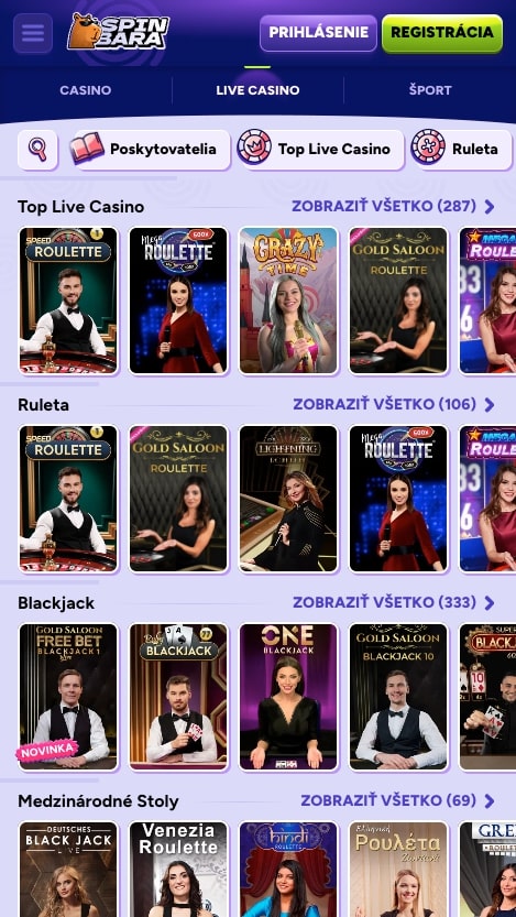 Rozhranie live kasína Spinbara
