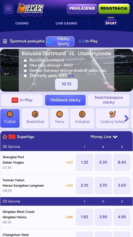 Rozhranie športového stávkovania v Spinbara