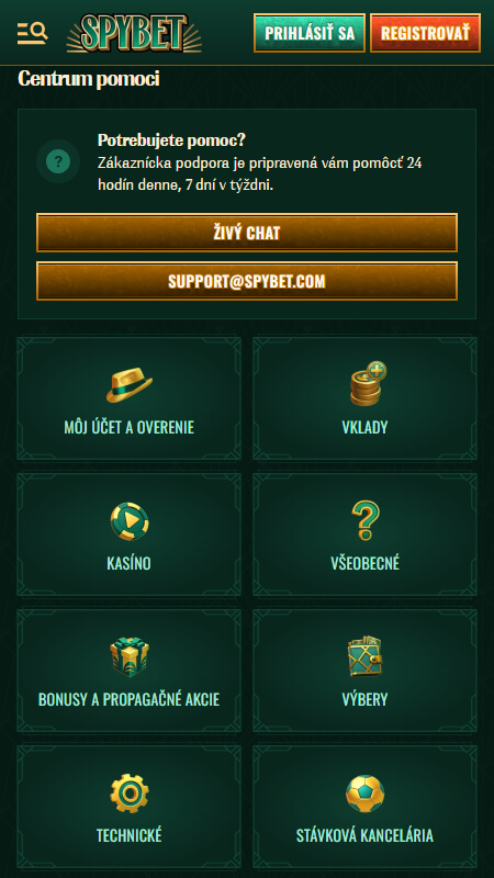 SpyBet technical support page Slovakia