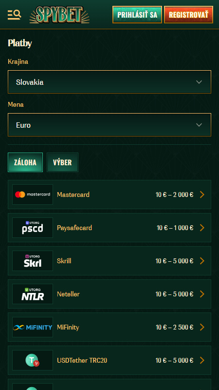 SpyBet payment methods in Slovakia