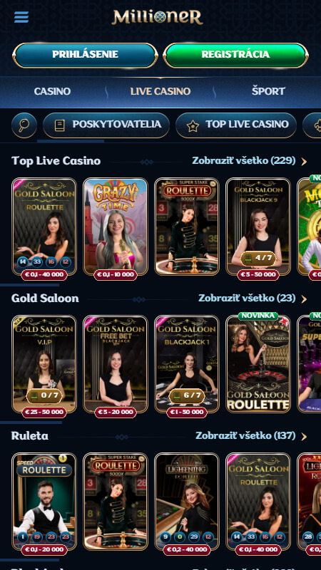 Millioner live casino games Slovakia