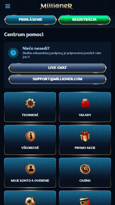 Millioner support page Slovakia