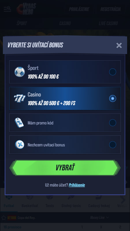 VegasHero Registrácia vyberte si bonus