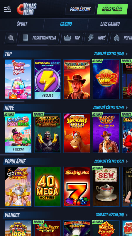 VegasHero Kasíno sekcia