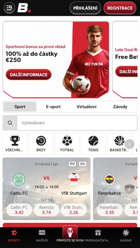 Rozhranie športového stávkovania v Betista