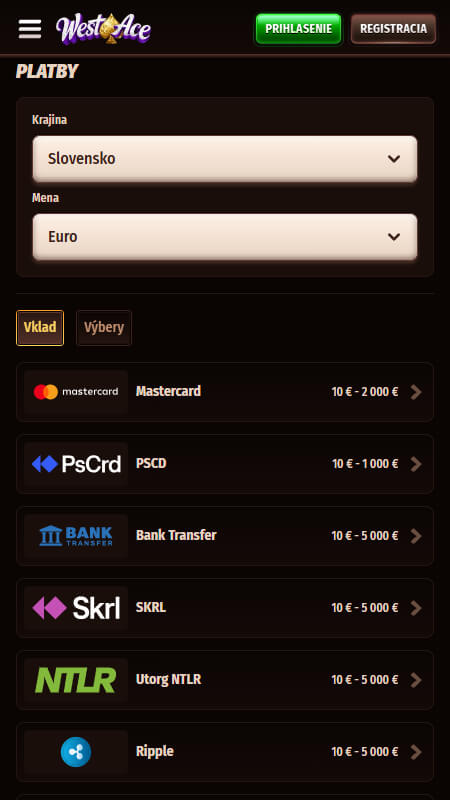 WestAce deposits and withdrawals 
