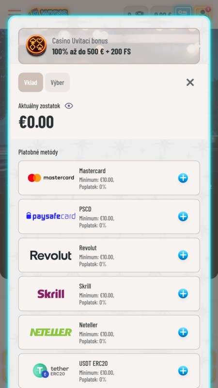 Wyns Casino Deposit methods