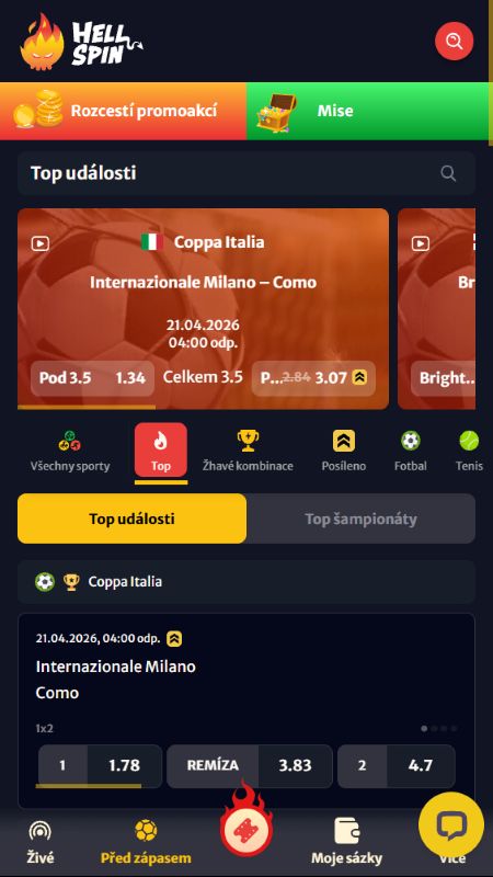 Sekcia online športových stávok na Hellspin