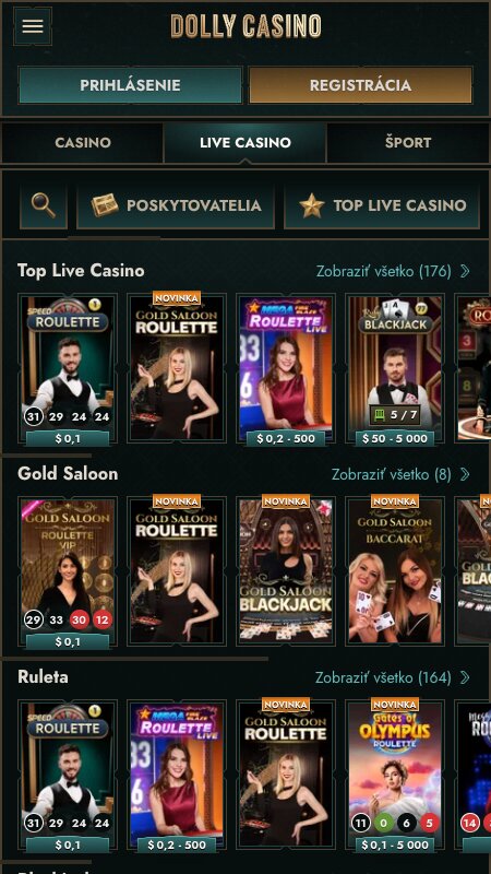 Rozhranie live kasína Dolly Casino