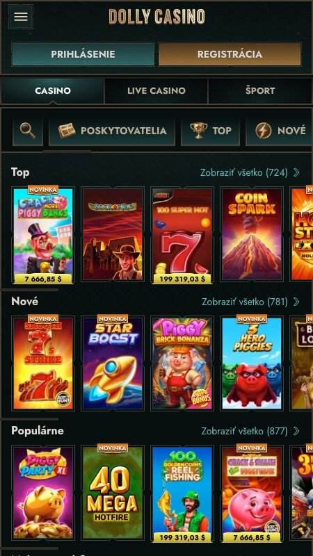 Rozhranie online kasína Dolly Casino
