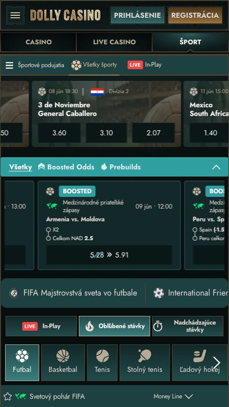 Rozhranie športového stávkovania v Dolly Casino