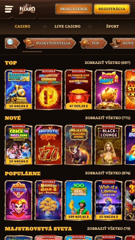Rozhranie online kasína Lizaro