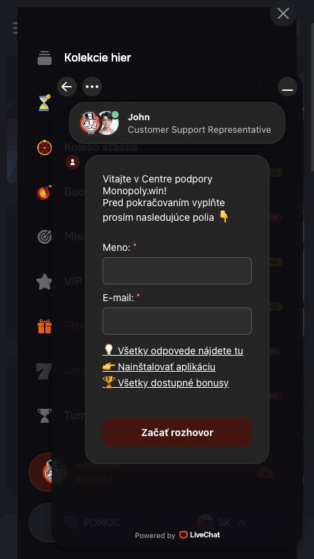 Live chat v Monopoly.win