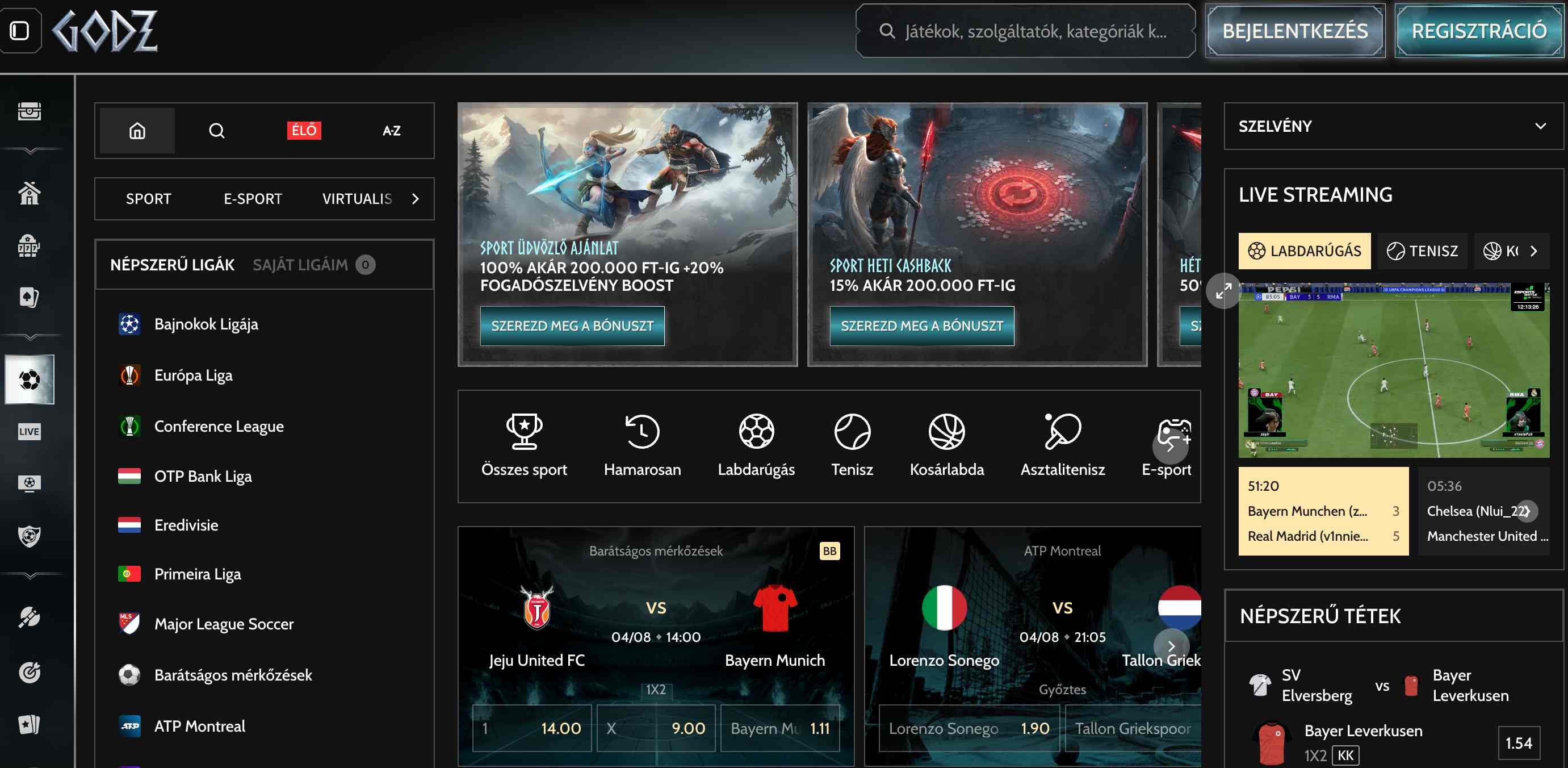 Godz bookmaker screenshot of sports betting markets