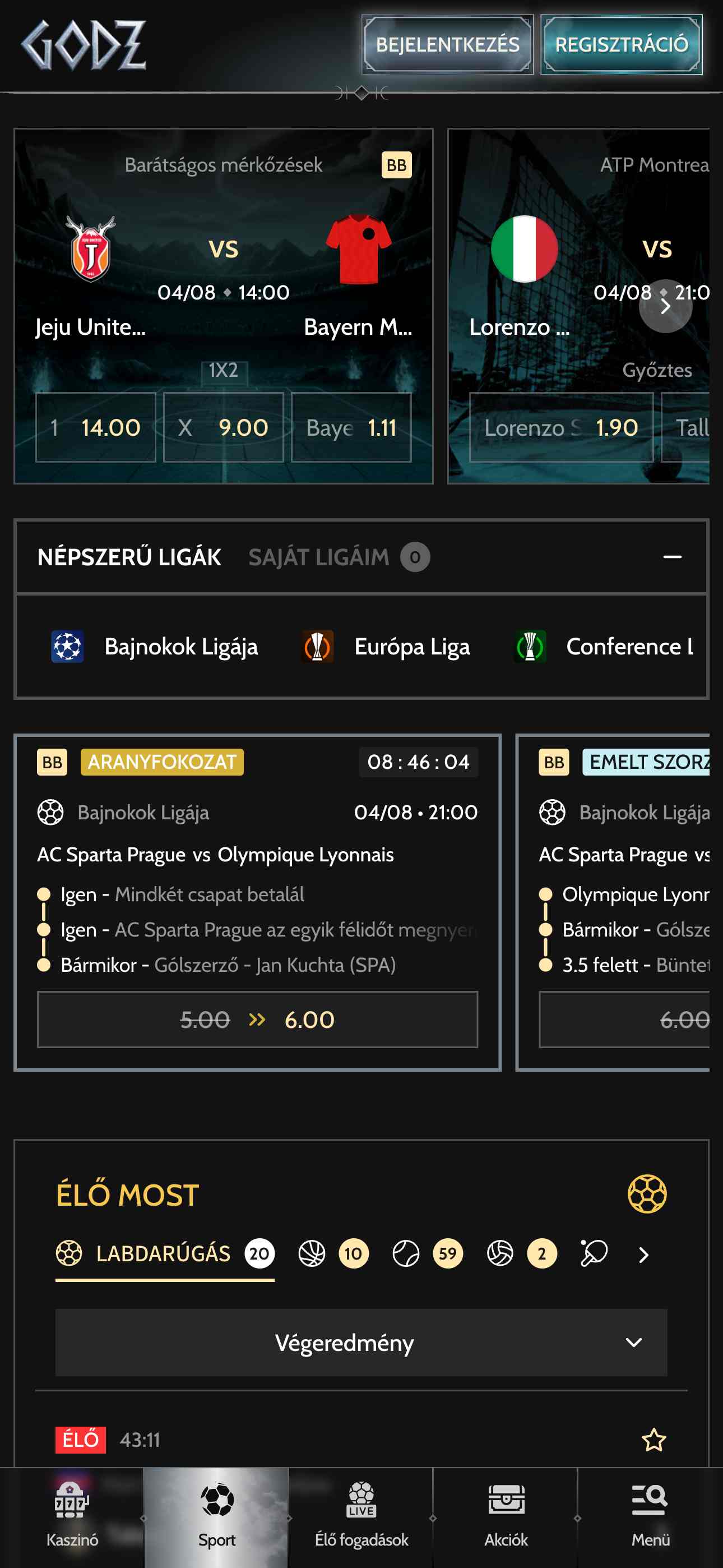 Godz bookmaker mobile screenshot of betting markets